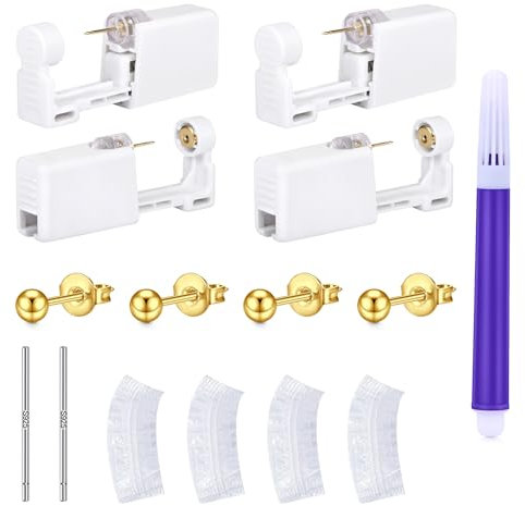 LAURITAMI 4 Stück Ohrstecker Selber Stechen Gold Set, Steril Sicherheits Ohrlochpistole mit 3mm CZ Ohrstecker, Schmerzfreies Selbst Piercing Werkzeug für Mädchen Frauen Männer