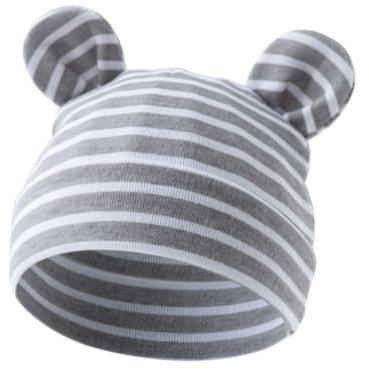 AMateschitz Mickey Maus Babymütze Einfarbige Winnie Puuh Mütze Baby Jersey Slouch Beanie mit Mickey-Ohren Infant Kleinkind für Neugeborenes Mädchen Jungen 0-6 Mo Grau-Weiß Streifen Einheitsgröße