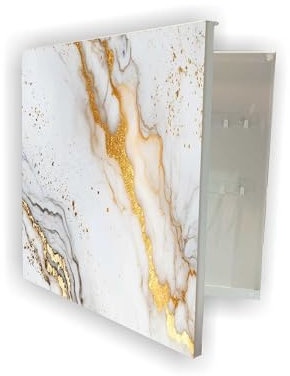 Canvasfly Schlüsselkasten Schlüsselbox Mit 50 Haken Schlüsselschrank DLP Druck Stahl Glas 30 x 30 x 5 cm Links Weiß Motiv Marmor Gold Jany
