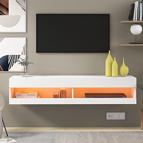 LANTRO JS LED Floating Shelf, Wall Mounted TV Unit, Floating Wall Shelf with Drawers, 140cm TV Unit, High Gloss Modern TV Stand Cabinet with 16 Colors LED Lights