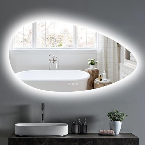 YOLEO Badspiegel mit Beleuchtung, Asymmetrischer Wandspiegel LED Badezimmerspiegel Antibeschlag großer Schminkspiegel, Berührungstaste Dimmbares 3 Farben LED-Licht, 135x75cm
