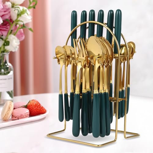 24pcs Mixed Cutlery Set Stainless Steel Ceramic Handle Tableware Dinnerware Set with Storage Stand-Knives/Spoons/Forks/Teaspoons for Family, Restaurants, Restaurants, Parties (Pure Green+Gold)