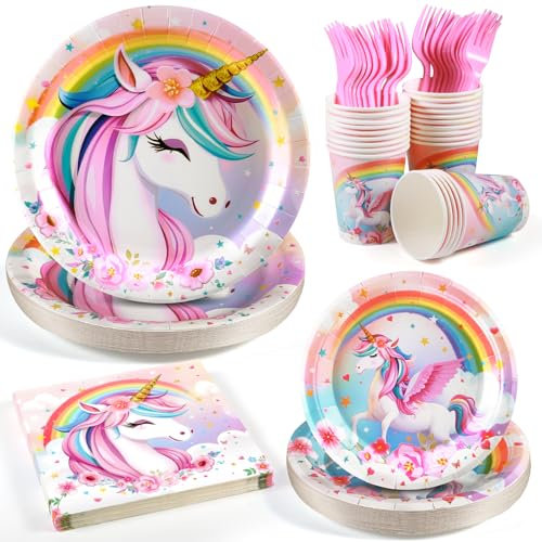 3D Einhorn Partygeschirr Set, 50-teiliges Einhorn Geburtstag Set mit Papptellern, Tassenn & Servietten für Magische Kindergeburtstag Einhorn Party Deko