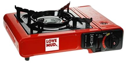 Estufa portátil de gas butano rojo para barbacoa de camping con encendido automático y control de calor, incluye funda de transporte