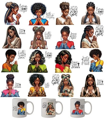 UV DTF Cup Wraps Stickers - 16 Sheets African American Women Rub On Transfer Stickers Christian Faith Waterproof Decals for 16 Oz Glass Water Bottle DIY Wood Crafts Mug Personalized Decor Gift