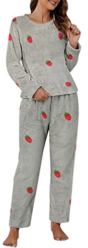 Generisch 2025 - Pigiama casual da donna in pile coral maniche lunghe pantaloni lunghi stampa fragola pigiameria in due pezzi vestaglia giapponese da donna, grigio., Taglia unica