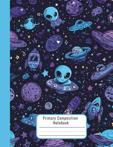 Primary Composition Notebook K-2 for Kids – Alien Theme, Wide Ruled, Dotted Midline and Picture Box – Draw and Write Journal – Early Learning Kindergarten Writing Notebook with Picture Space