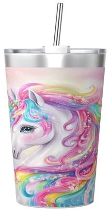 peiyeety Vasos térmicos de unicornios con pajita de acero inoxidable de 355 ml con tapa para bebidas frías y calientes.