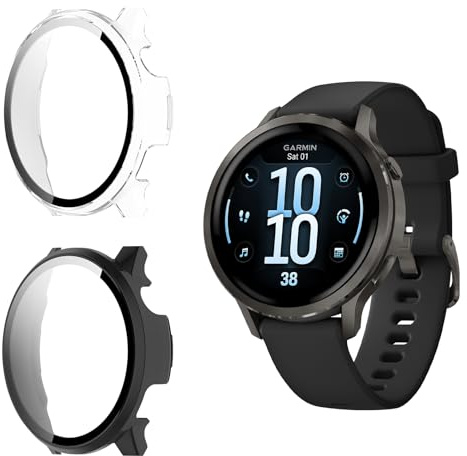 Funrae Hülle Kompatibel mit Garmin Venu 4 41mm [2 Stück], PC Gehäuse mit Hartglas Displayschutz Schutzhülle Vollschutz Kratzfest Ultradünner Puffer Schutz Case - Schwarz&Transparent