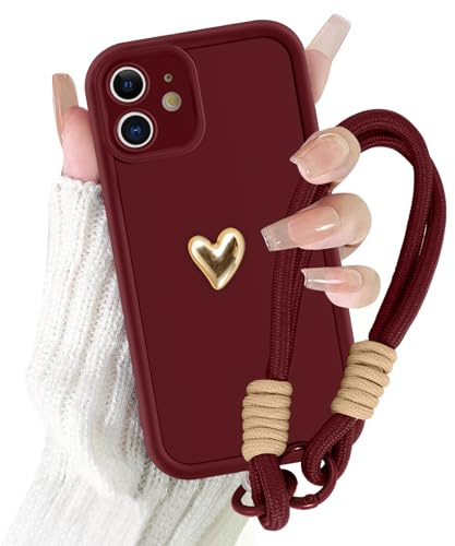 Kueqeay Handyband Handyhülle für iPhone 11 hülle 6,1'', Aesthetic Gold 3D Liebe Muster Mädchen Frau Design mit Rot Kordel Schnur Cover Universelles Patch Case Silikon Kameraschutz Schutzhülle, 04