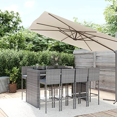 JHQHSM 9-TLG. Gartenbar-Set mit Kissen Grau Poly Rattan, wetterfeste PE-Rattan Möbel mit Hartglas Tischplatte und gepolsterten Barhockern für Terrasse, Robustes Outdoor-Set