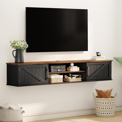 OCTORO Schwebender TV-Schrank 160cm, Wandmontiert, für Fernseher bis 80 Zoll, Lowboard Hängend, Schwarz Holz, für Wohnzimmer und Schlafzimmer