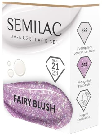 Semilac UV Nagellack Set Fairy Blush – 2 Gel Nagellack Farben 389 Coconut Ice Cream Weiß & 242 Pink Sands Pastellrosa mit Glitzer + Kiwi Mango Nagelöl – Elegantes Gel Nail Polish Set