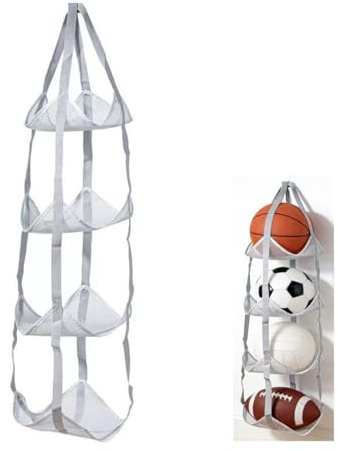 QINGMUG Over The Door Ball Storage Bag 4-Tier Mesh Hanging Helmet Organizer Vertical Expandable Rack for Football Basketball Volleyball Stuffed Plush Toy No Drilling Home Use