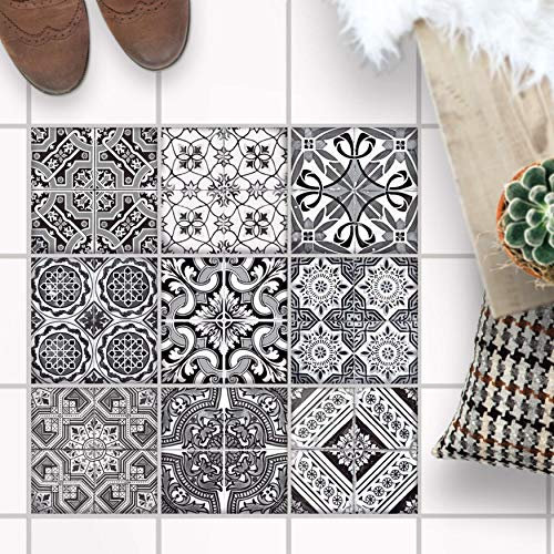 [ Bodenfliesen Aufkleber ] - [ Fliesen für Boden ] - Sticker Aufkleber Folie für Bodenfliesen - Bad oder Küche I Fliesenfolie als alternative zu Fliesenfarbe I 20x20 cm - Design Black n White