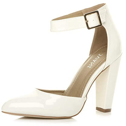 AJVANI high Block Heel Ankle Strap Pointed Court Shoes Size 7 40 White Patent