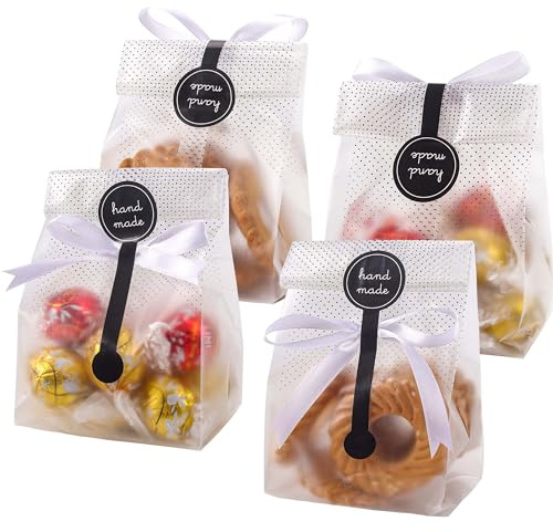 Yunko 100 pcs./pack Translucent Plastic Bags for Cookie,Cake,Chocolate,Candy,Snack Wrapping Good for Bakery Party with Stickers