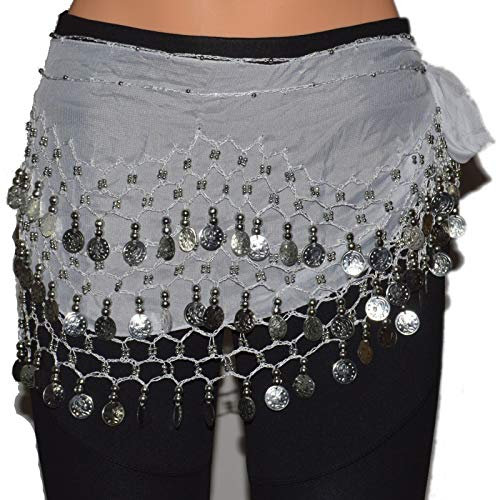 Tanzbekleidung & Accessories Bauchtanz Chiffon Hüfttuch Münzgürtel Bauchtanzgürtel Belly Dance Karneval (ca. 128 Münzen, Weiß mit silbernen Münzen)