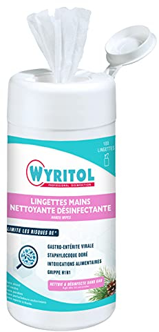 WYRITOL - Lingettes Désinfectantes Mains - Nettoyantes - Sans Rinçage ni Essuyage - Élimine Bactéries & Virus - Fabrication Française - Boîte de 100 Lingettes