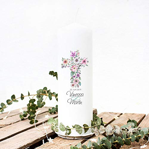 Hochzeitskerze Kerze zur Hochzeit Trauung Traukerze Vermählung mit Blumenkreuz Wunschnamen & Datum wk102 ilka parey wandtattoo-welt®