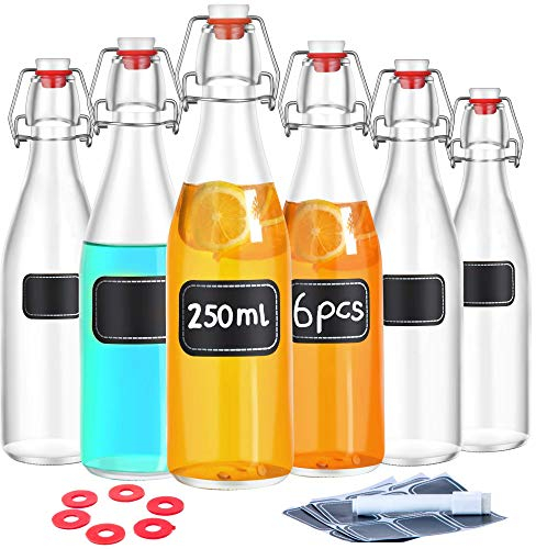 Praknu 6 Bouteille en Verre 250ml avec Bouchon Mécanique - Bouteille en Verre avec Bouchon - 12 Étiquettes et Stylo - Bouteille Vide Verre pour Infusion d'huile d'olive