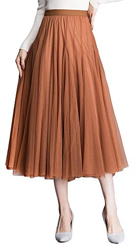 Damen Tüllrock Midi Faltenrock 78cm Länge Hoher Bund Schick Rock Elastisch Taille Drapiert Stoff, Dunkelorange