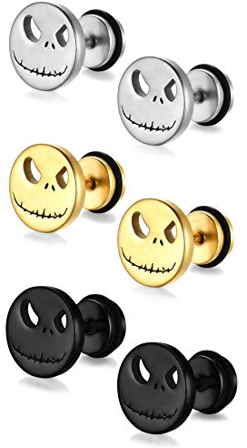 JewelryWe Schmuck 3 Paare Herren Ohrstecker Damen Halloween Nightmare Schädel Gesicht Edelstahl Tunnel Fakeplug Ohrringe Ohrpiercing Vatertag Muttertag Geschenk