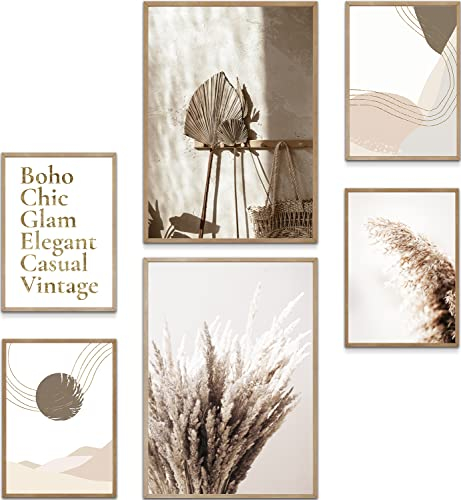 MUUDLY® Poster Set Beige Boho Pampasgras – 6 moderne Wandbilder (2×A3, 4×A4) – Stilvolle Bilder fürs Wohnzimmer, Schlafzimmer – Natürliche Boho Wanddeko ohne Rahmen
