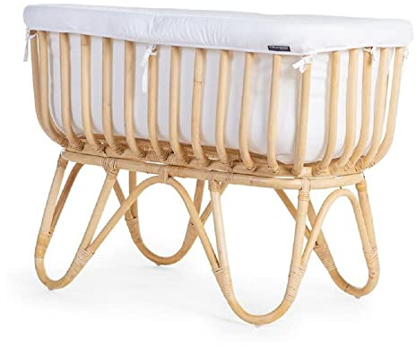 Stubenwagen Rattan, rechteckig, 90 x 50 cm, inkl. Matratze und Jersey Bezug, altweiß