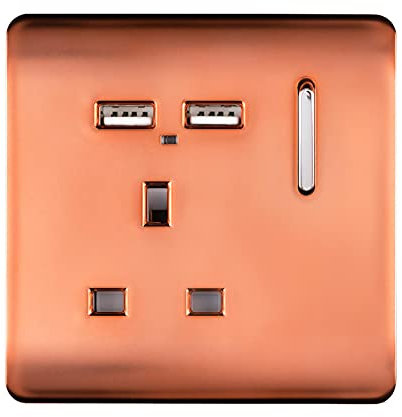 Trendi 1 Gang Single Switched Screwless Artistic Modern Glossy 13 Amp 2x Type A 2.1A USB Charging Port 13A Wall Outlet Plug Socket in Copper - ART-SKT13USBCPR