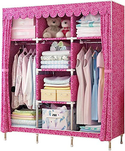 LSDRALOBOOE Kleiderschrank Stoffschrank Faltschrank Planenstoff-Garderobenfächer und Seitentasche Kleiderschrank Faltschrank Stahlrohr Folding 717(Color:Rosa;Size:125x45x170cm)