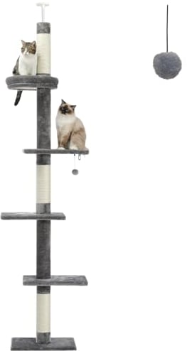 PETEPELA Torre para gatos de 5 niveles de suelo a techo de altura (95-107 pulgadas) ajustable, árbol trepador alto con poste rascador, cama acogedora, juguete interactivo de pelota para gatos de