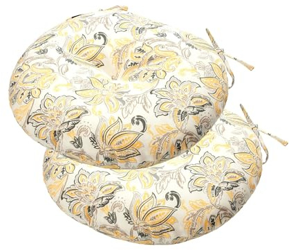 FUNHOME Allwetter-Bistro-Sitzkissen mit Bändern, getuftet, Terrassenstuhlkissen, rund, 38,1 x 38,1 x 10,2 cm, 2 Stück, Stuhlkissen für Zuhause, Garten, Küche, Möbel, gelbe Blume