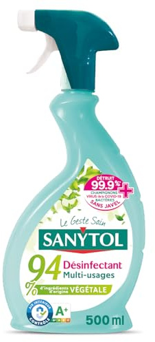 Sanytol Désinfectant Nettoyant Multi-usages 94% d'origine végétale aux huiles essentielles Eucalyptus et Menthe - Pistolet 500 ml