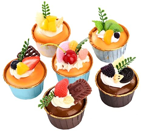 BestAlice 6-teiliges gefälschtes Cupcake-Modell, künstliche Kuchen-Fake-Simulation, realistisches Essen, künstliche Obstkuchen, realistische Cupcake-Brot-Desserts zum Ausstellen