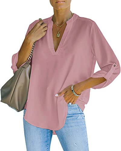 NONSAR Chemisier élégant à col en V pour femme Henley Chemisier ample à manches enroulables, Rose, XXL