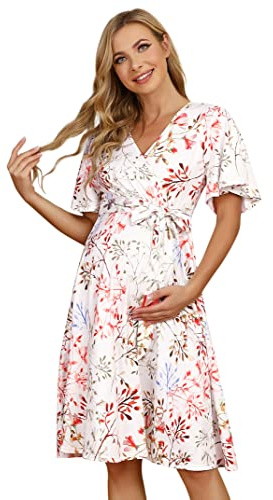 KOJOOIN Womens Maternity Dress Nursing Dresses Pregnancy Dress Breastfeeding Dress Short Sleeve A-line V-Neck Dress Floral-B XL