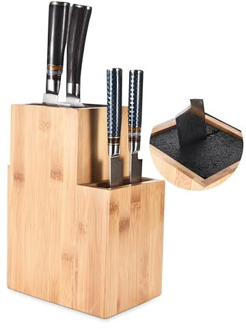 Kitchtic Bamboo 2 Etagen Leer Messerblock Natürliches Braun - Universeller Messerständer ohne Messer - Wooden Knife Holder & Organizer for Kitchen Knives - Schlitzloses Holzdesign mit Borsten
