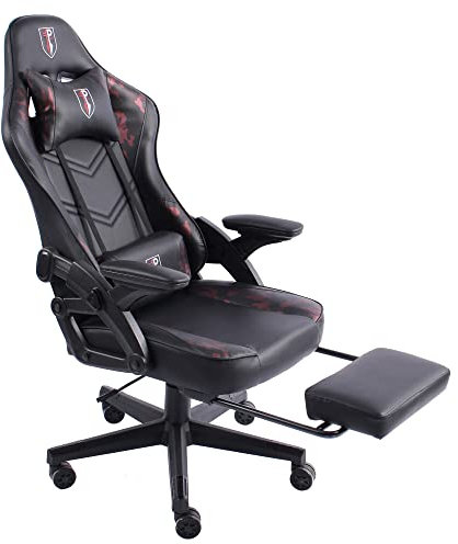 Gaming Stuhl im modernen Racing-Design mit ausziehbarer Fußstütze Gaming Chair mit verstellbaren Design Armlehnen ergonomischer Schreibtischstuhl mit extra Stützkissen, Farbe:Schwarz/Military -Rosa