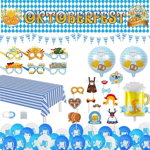 Oktoberfest Deko Set Bayrische Deko-XXL Oktoberfest Deko Banner Oktoberfest Tischdecke 10m Bierfest Wimpel Oktoberfest Partybrille Oktoberfest Foto Requisiten Oktoberfest Luftballons Dekoration