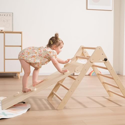 Giant bean 3-in-1 Montessori Kletterdreieck mit Kletterbogen und Rutsche, Holzdreieck für Kleinkinder ab 2-7, Indoor Kletterspielzeug, Hellbraun, M