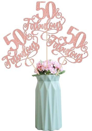 SYKYCTCY 12 Pack 50th Birthday Centerpiece Sticks Assembled Glitter 50 & Fabulous Table Flower Centerpiece Sticks for Cheers to 50 Years Old Birthday Theme Party Supplies Rose Gold