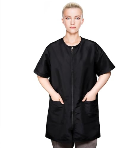 Pumtus Wasserdichter Fellpflege-Arbeitskleidung, kurze Ärmel, Hundepflege, Friseur, Uniform mit durchgehendem Reißverschluss und Taschen, antistatisch, professionelle Stylistenjacke für Friseursalon,