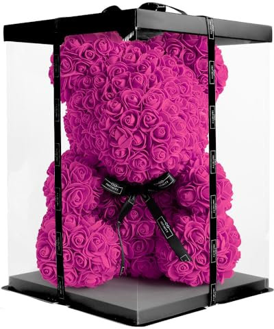 Infinity® Rosenbär Hot Pink 40 cm – Handgefertigter Bär mit Geschenkbox & über 600 duftenden 3D-Rosen – Geschenk für Frauen, Geburtstag oder Jahrestag