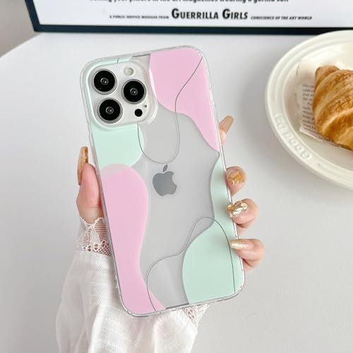 DEFBSC Compatible with iPhone 15 Pro Case, Transparent Color Mix Aesthetic Phone Case Design Soft TPU Bumper Slim Thin Shock-Absorbing Protective Phone Case for iPhone 15 Pro - Green Pink