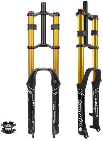 BSFHQS Fahrrad Federgabel 26/27.5/29 150mm Federweg Downhill Federgabel DH Mountain Front Gabel Luftgabel 1-1/8 Straight Zugstufe Einstellbar 9 * 100mm QR Scheibenbremse(Gold,29inch)