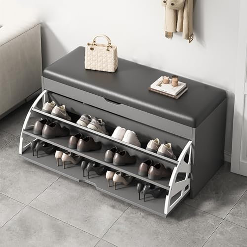 JIHAJU Shoe Storage Benches with 3 Flip Drawers, Shoe Bench and Padded Cushion, Shoe Cabinet with Bench, Hidden Shoe Rack Organizer, for Foyer, Hallway, Mudroom(Grey,60cm)