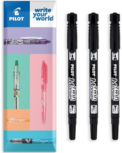 PILOT Twin Marker Pen - Permanent 2-in1 Markers - Fine & Extra Fine Dual Tips - 76% Recycled Begreen Range - In Envelope Gift Packaging (Black, 3 Pack)