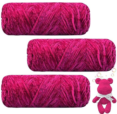 Maxee 300g(3×100g) Samtig Babywolle, Samt Velvet Wolle Chenille Garn, Kuschelweich Chenillegarn, Flauschige Weich Plüschwolle, Häkelgarn Wolle Zum Stricken & Häkeln- Rote Bohnenpaste