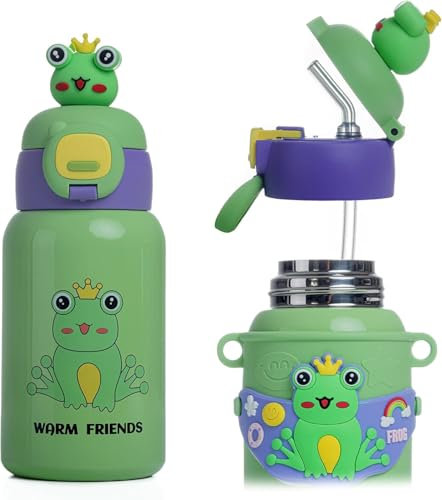 Trinkflasche Kinder Auslaufsicher, 450ml Edelstahl-Trinkflasche für Schule und Kindergarten, Mädchen, Jungen, Wasserflasche BPA-Frei für Kaltes und Heißes (Grün)